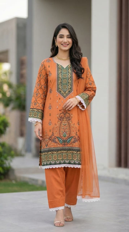 Women's Printed Polo Cotton 3 Piece Unstitched Suit –  Amber Glow